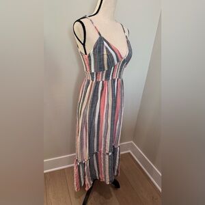 Striped Multicolor Spaghetti Strap Tiered Maxi | Side Slit | Size Large |